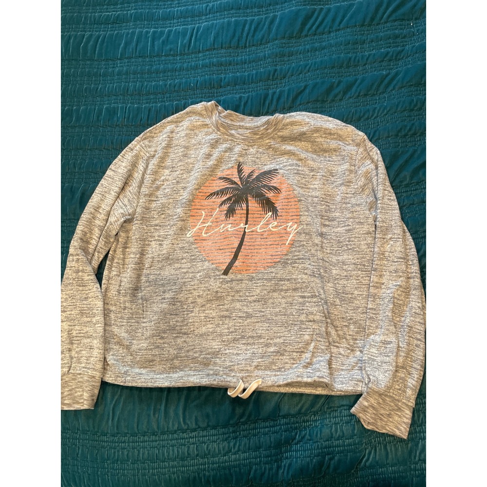 Hurley Graphic Sweatshirt Palm Tree Crew‎ Neck Drawstring Gray XL
